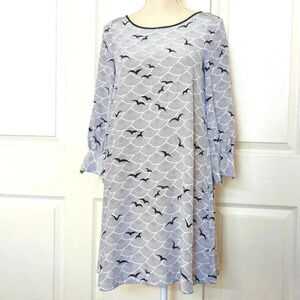 Kate Spade Blue & White Silk Long Sleeve Bird Print Shirt Women's Dress
